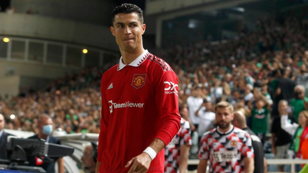 Man Utd striker Cristiano Ronaldo looks towards the crowd