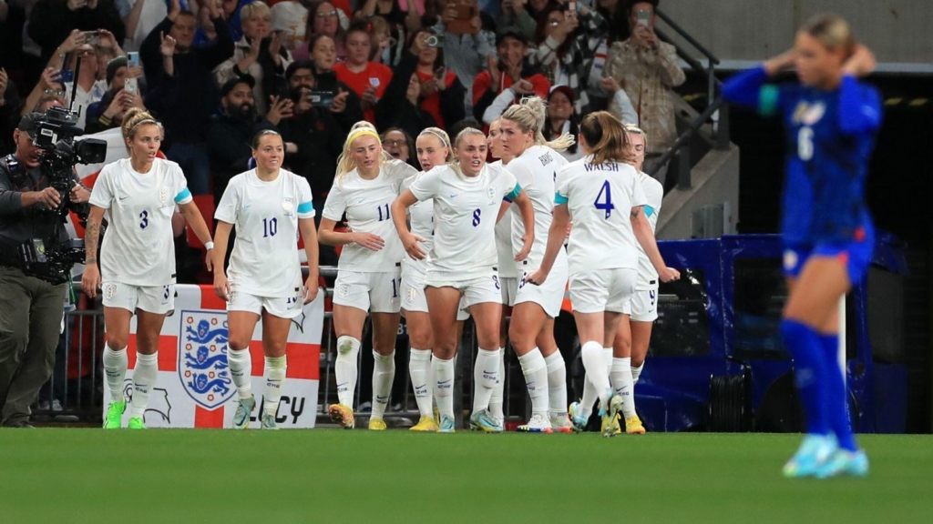 England's women celebrate a goal