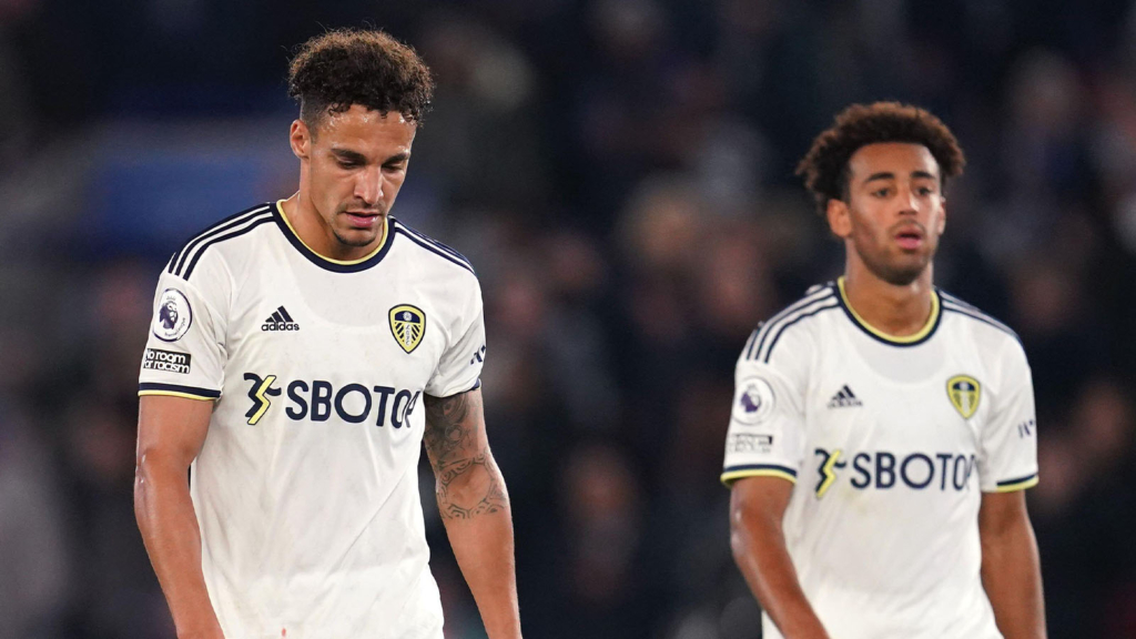 Leeds United's Rodrigo Moreno (left) and Tyler Adams appear dejected