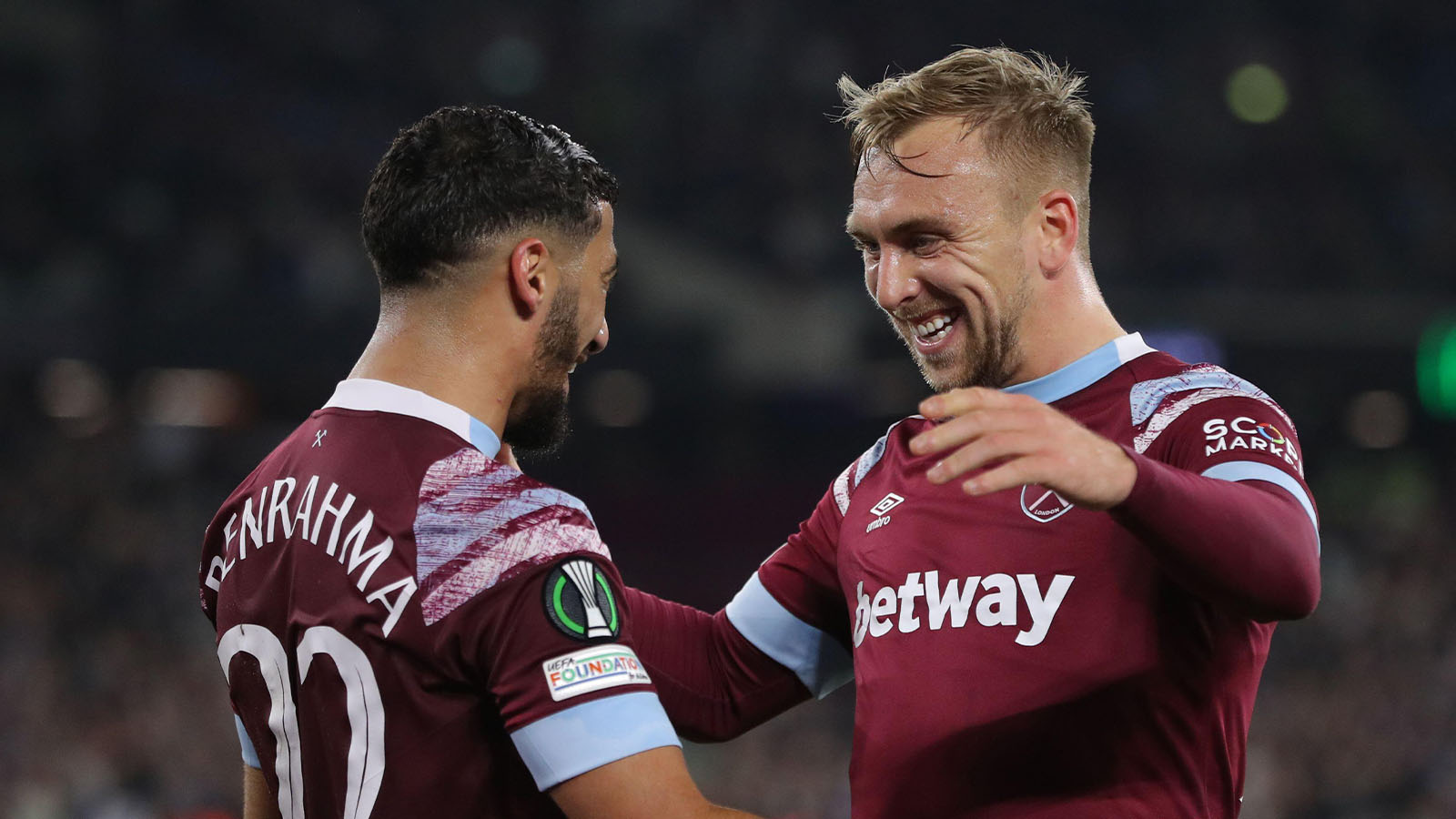 Jarrod Bowen of West Ham United celebrates with Saïd Benrahma