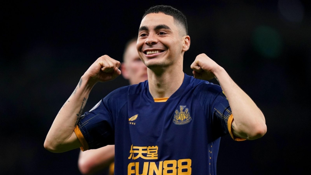 Newcastle forward Miguel Almiron celebrates scoring a goal