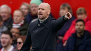 Manchester United's head coach Erik ten Hag gestures during the English Premier League soccer match between Manchester United and Leicester City at the Stamford Bridge stadium in Manchester, England, Sunday, Feb. 19, 2023.