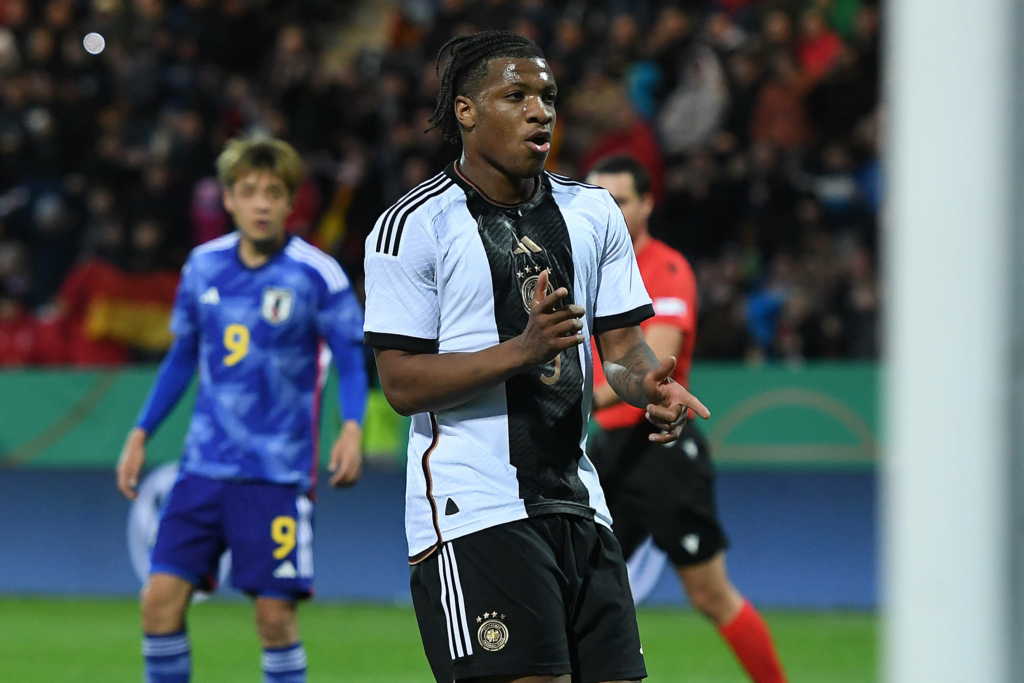 Jessic Ngankam celebrates his goal for Germany U21s.