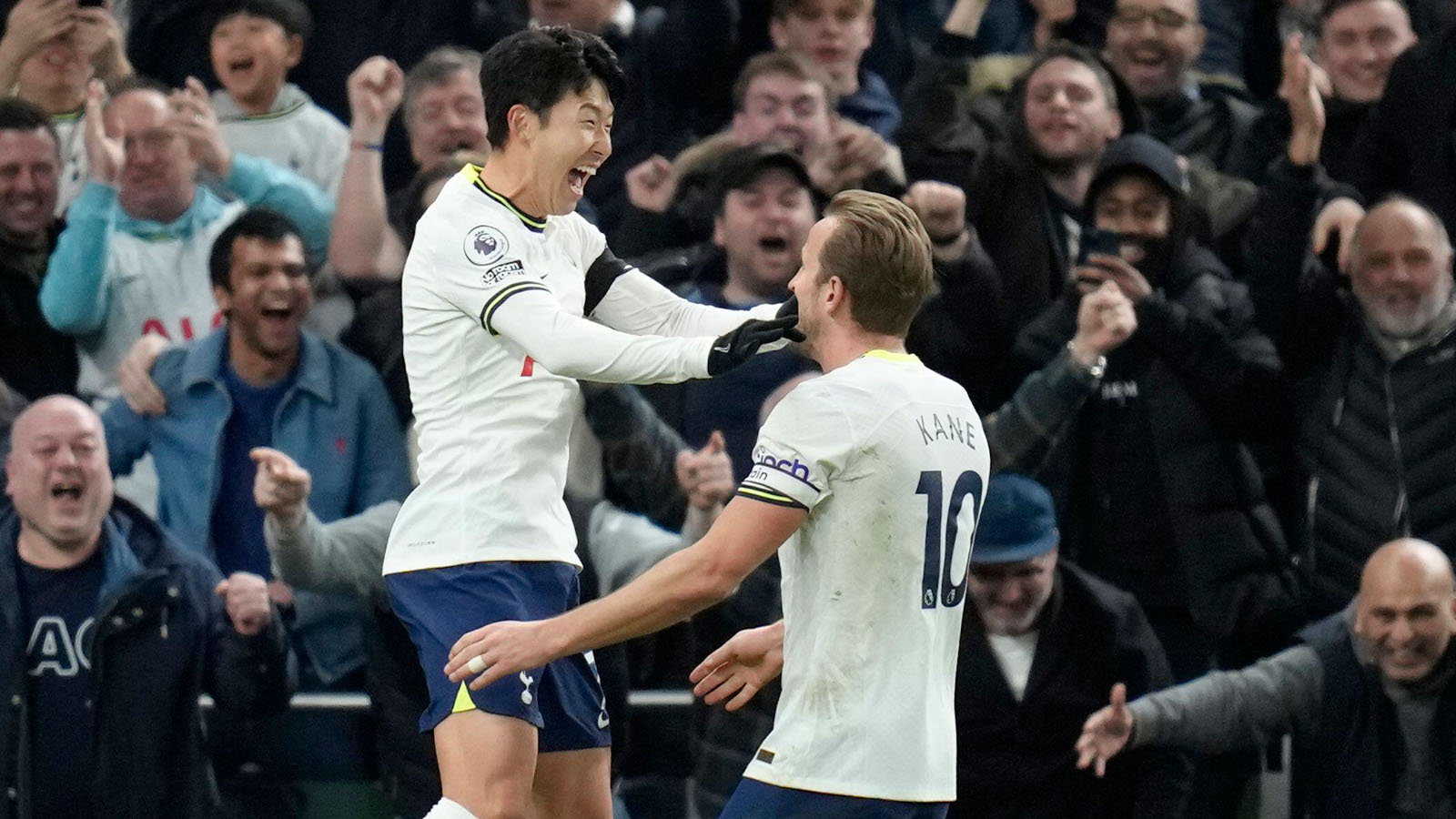 Tottenham's Son Heung-min, left, celebrates with Tottenham's Harry Kane after scoring his side's second goal during the English Premier League soccer match between Tottenham Hotspur and West Ham United at Tottenham Hotspur stadium in London