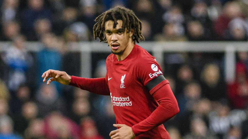 Trent Alexander-Arnold of Liverpool passes the ball during the Premier League match between Newcastle United and Liverpool FC