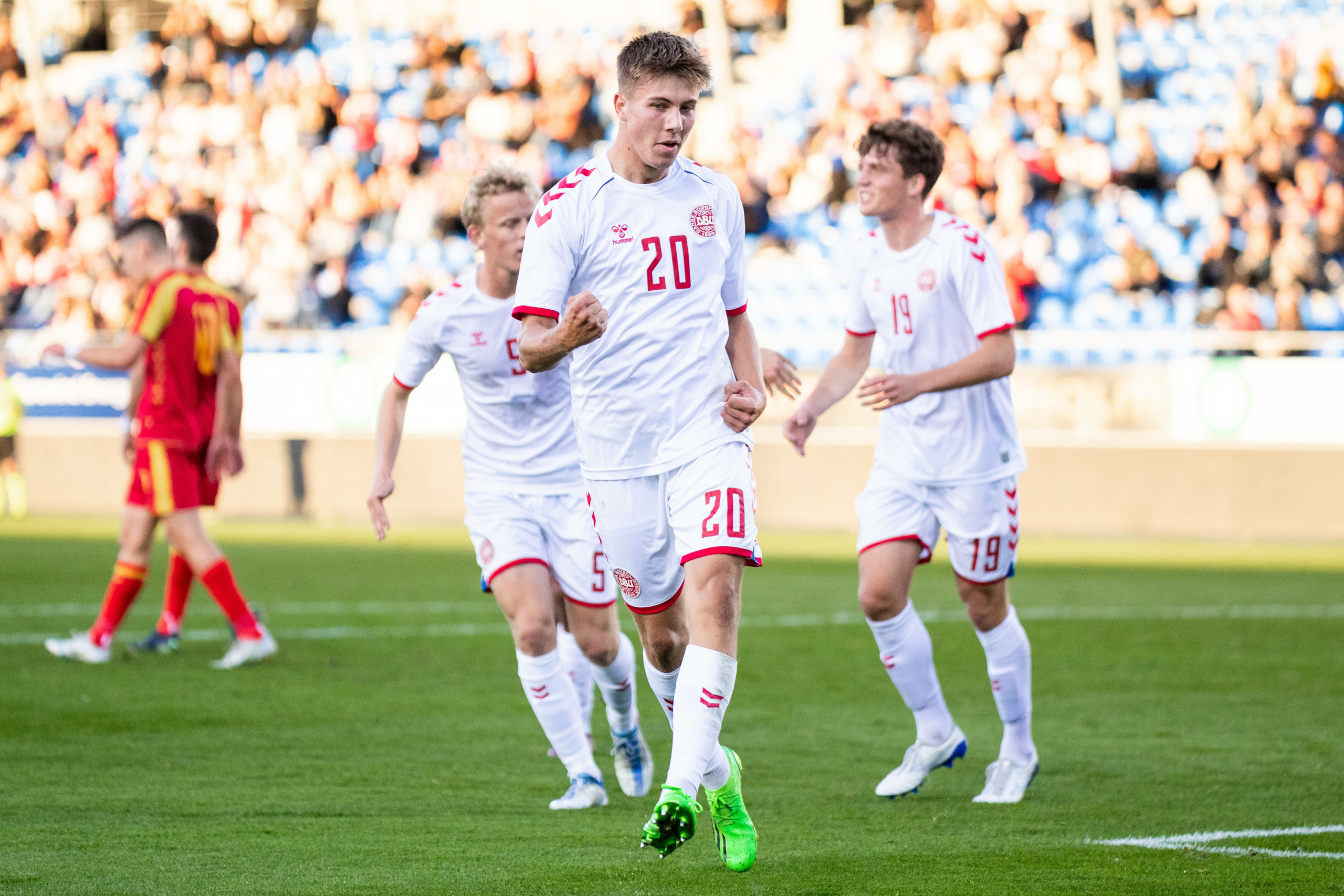 Gustav Christensen celebrates while playing for Denmark U19s