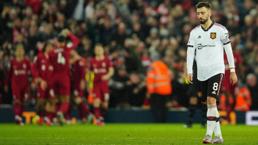 Bruno Fernandes looks disconsolate after Liverpool score again in their 7-0 win over Man Utd.