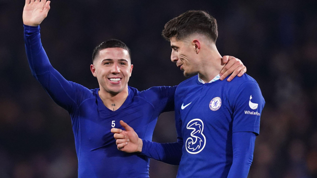 Chelsea's Enzo Fernandez (left) and Chelsea's Kai Havertz celebrate after UEFA Champions League round of sixteen second leg match at Stamford Bridge, London. Picture date: Tuesday March 7, 2023.