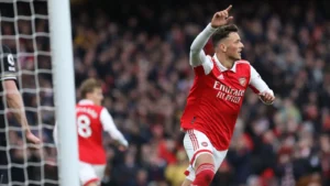 Arsenal defender Ben White celebrates his goal