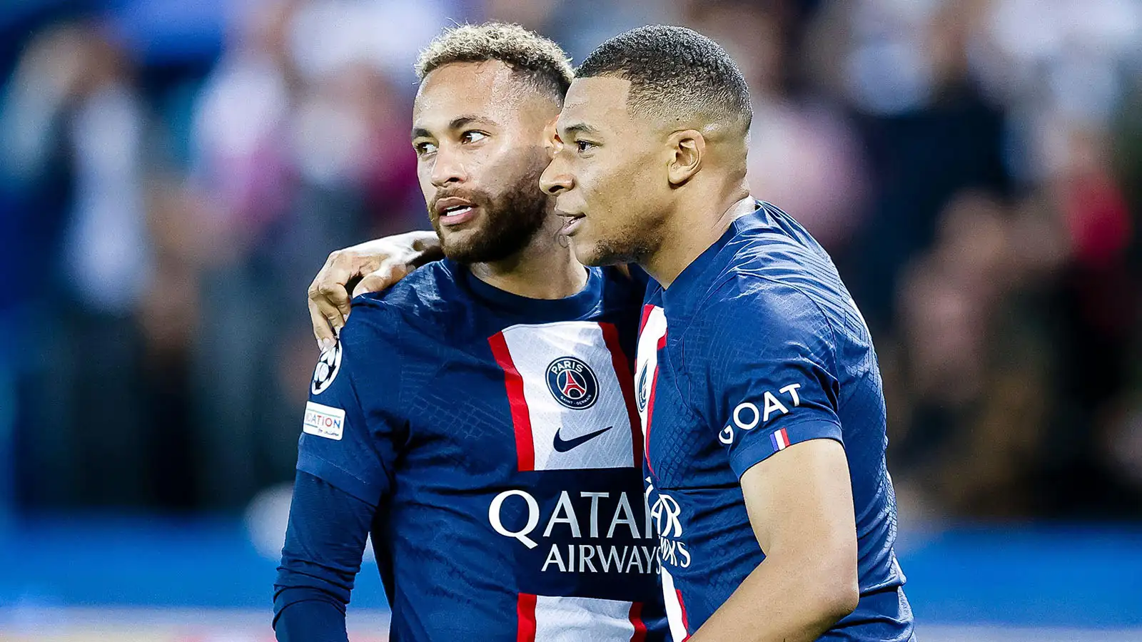 Kylian Mbappe of Paris Saint Germain (R) celebrating his goal with his teammate Neymar Junior of Paris Saint Germain