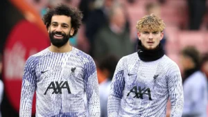 Liverpool's Mohamed Salah (left) and Harvey Elliott warming up prior to kick-off before the Premier League match at the Vitality Stadium, Bournemouth