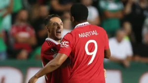 Man Utd duo Antony and Anthony Martial celebrate a goal