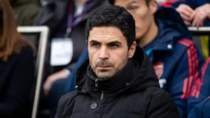 Mikel Arteta of Arsenal looks on during the Premier League match between Fulham and Arsenal at Craven Cottage, London on Sunday 12th March 2023