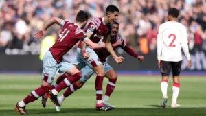 West Ham defender Nayef Aguerd celebrates his goal
