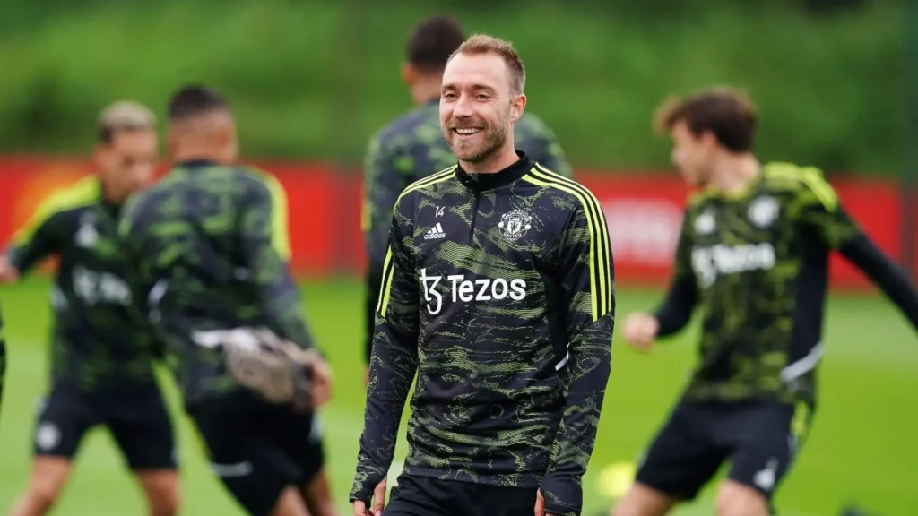 Man Utd midfielder Christian Eriksen on the training pitch