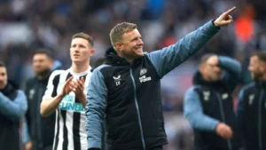 Newcastle boss Eddie Howe celebrates a 2-0 victory over Man Utd