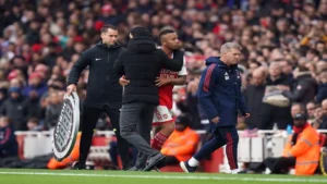 Arsenal Striker Gabriel Jesus heading to the subs bench in his teams 4-1 win over Leeds united