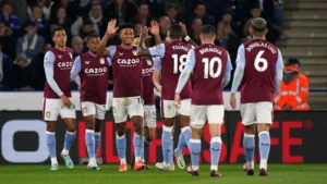 Leicester v Aston Villa - Aston Villa players celebrate their goal