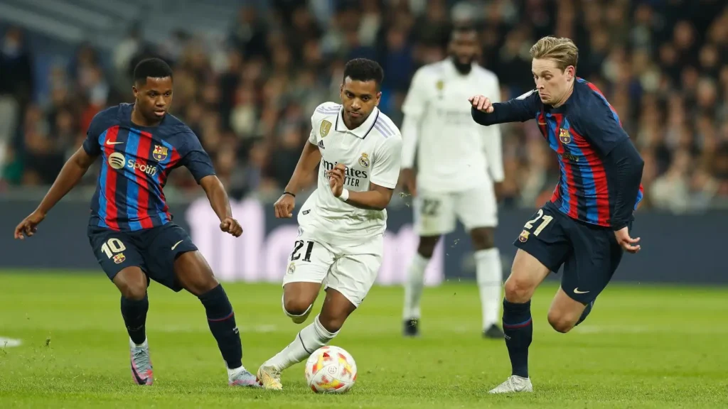 Barcelona players Ansu Fati and Frenkie de Jong during a match