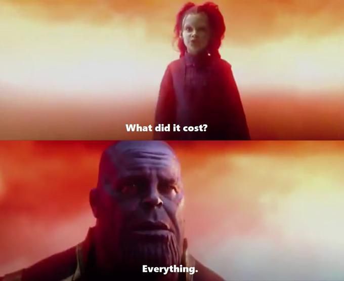 "What did it cost?” “Everything” meme from Avengers: Infinity War.