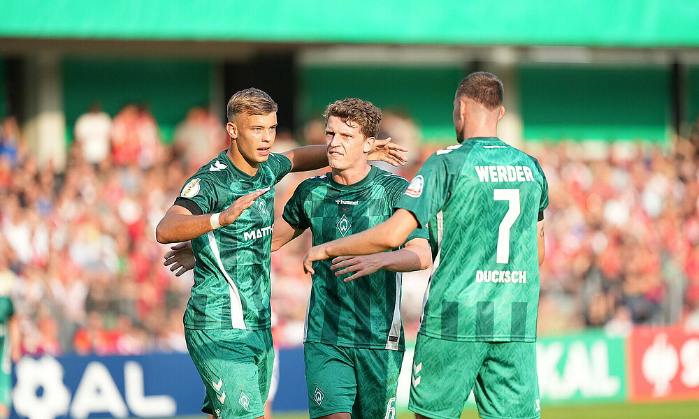 The team celebrate on the pitch.