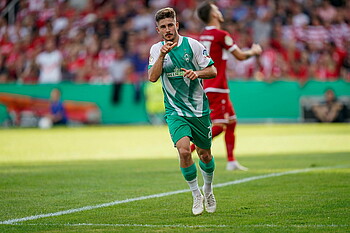 Romano Schmid celebrates after his goal in Cottbus.