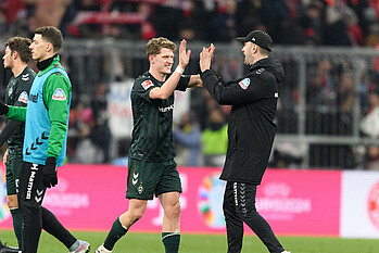 Jens Stage and Ole Werner celebrate the 1-0 win in Munich earlier this year (Photo: nordphoto).